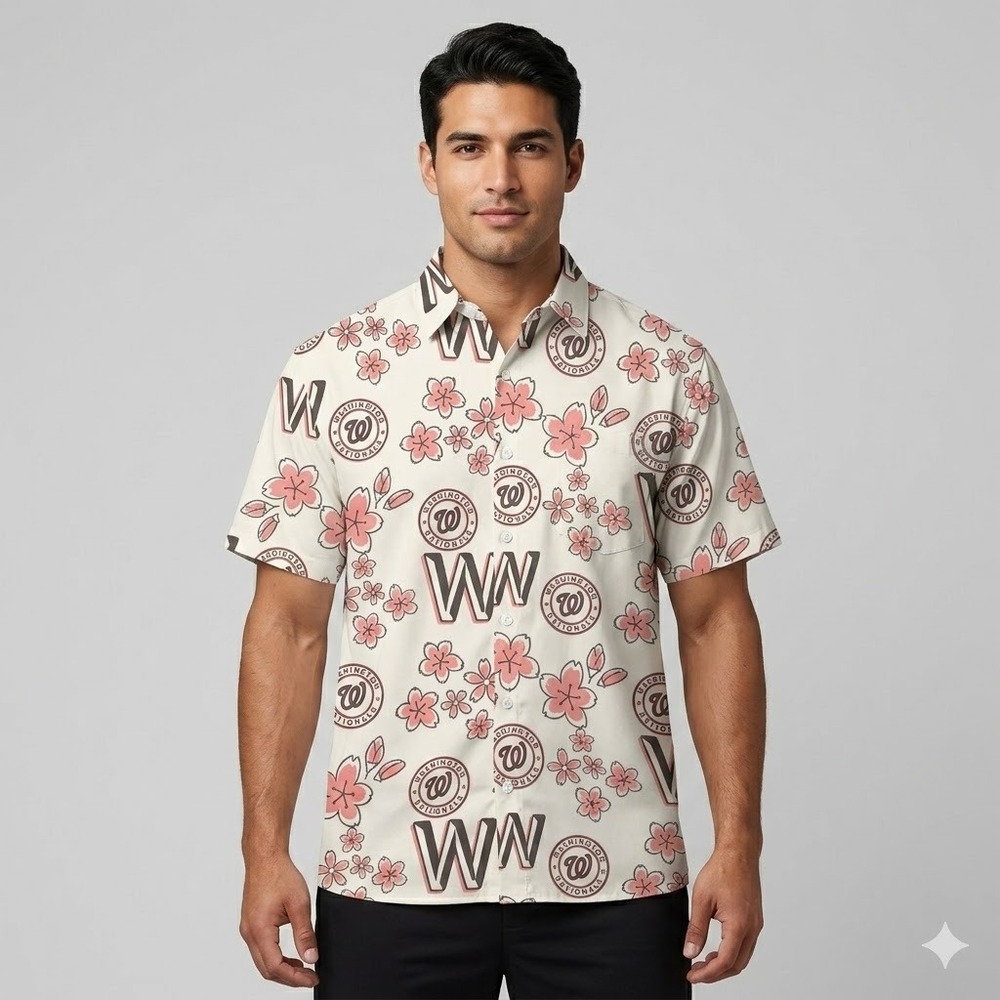 MLB‎ Washington Nationals Cherry Blossom Hawaiian Shirt L White
